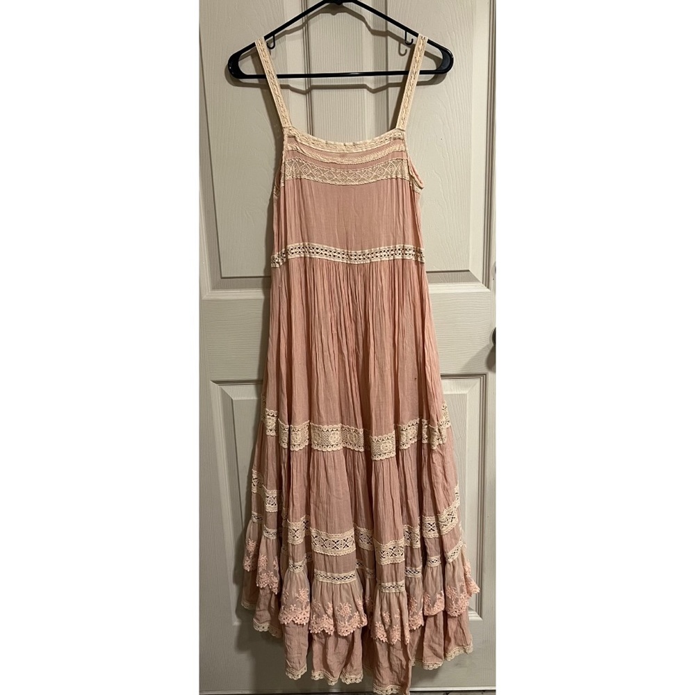 EUC SPELL prairie blush peach nude midi maxi layered lace ruffles dress S small - Picture 3 of 9